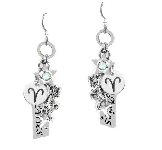 Aries Earrings, Horoscope Star Sign Jewelry, Engraved Charm With Choice Of Gemstones