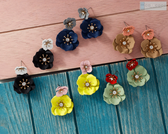Double Flower Earrings, Statement Floral Stud Bridesmaid Birthday Gift, Spring Simple Earrings