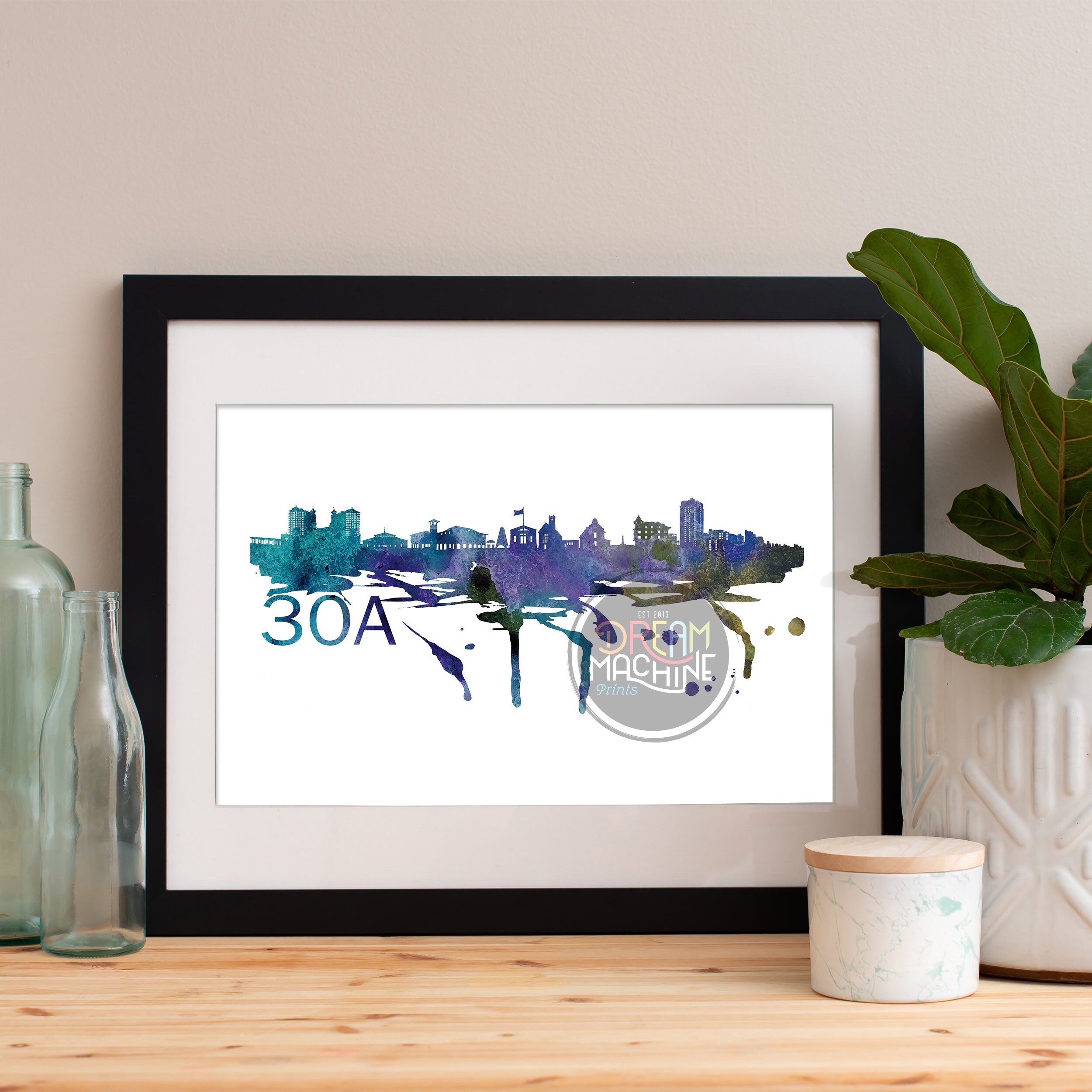 30A Watercolor Skyline, Art, Poster, Print, Map, Wall Beach Art, Art