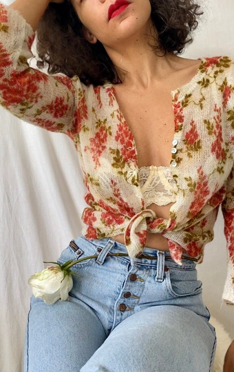 Mohair Blend Red Floral Print Cardigan/Small