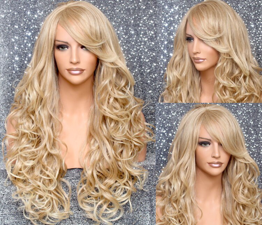 Blonde Mix Human Hair Blend Wig Layered & Curly Full Bangs Heat Ok Cancer Alopecia Theater Cosplay Anime Emo Celebrity Pageant