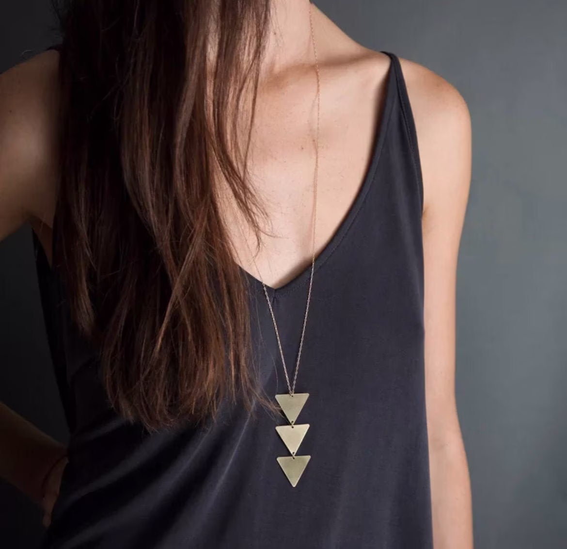 Gold Triple Triangle Drop Necklace, Three Tier Pendant Vertical Necklace