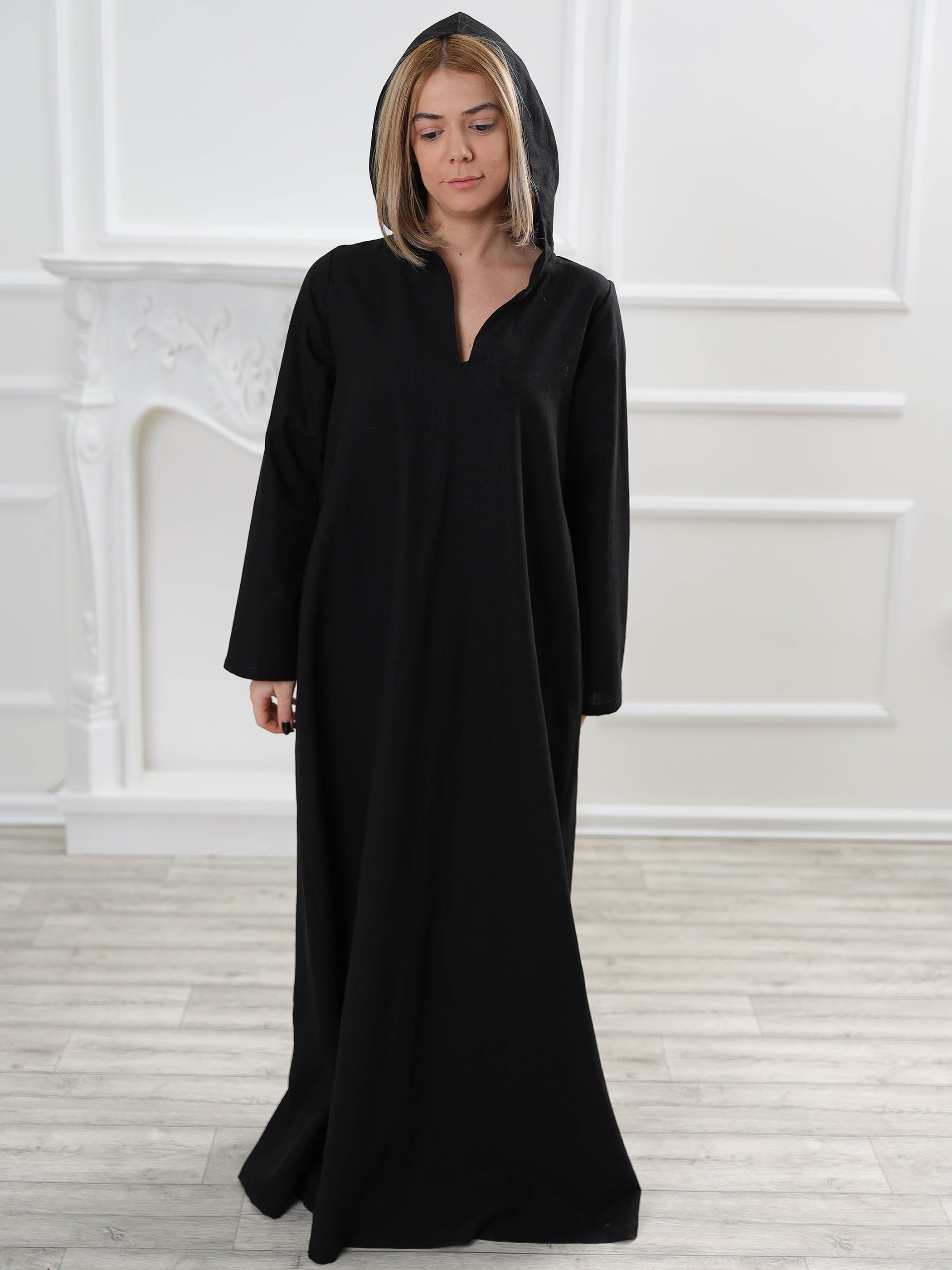 Hooded Linen Dress, Black Gothic Clothing, Hoodie Loose Plus Size Long Dress