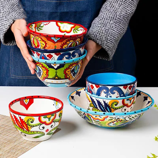 Bohemian Hand-Painted Ceramic Salad Bowl, Rice Ramen Soup Bowls, Fruit Home Breakfast Cereal Household, Kitchen Tableware