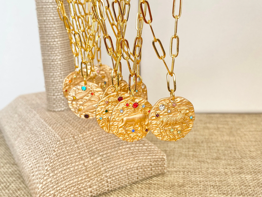 Paperclip Chain Zodiac Coin Necklace - Gold Crystal Pendant Virgo, Scorpio, Sagittarius, Capricorn, Aquarius, Pisces, Aries, Taurus, Gemini