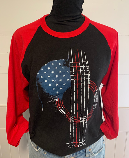 Vintage Guitar, Rock & Roll Red Sleeve Baseball Shirt For Men Or Women White Blue Patriotic Guitar Player Gift