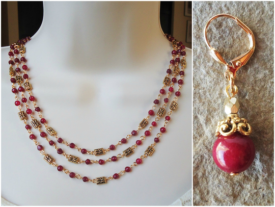 Red Quartz Gemstone Necklace Dangle Earrings Jewelry Set Garnet Ruby Triple Strand Bridal Gold Silver Statement Multi Gift Handmade
