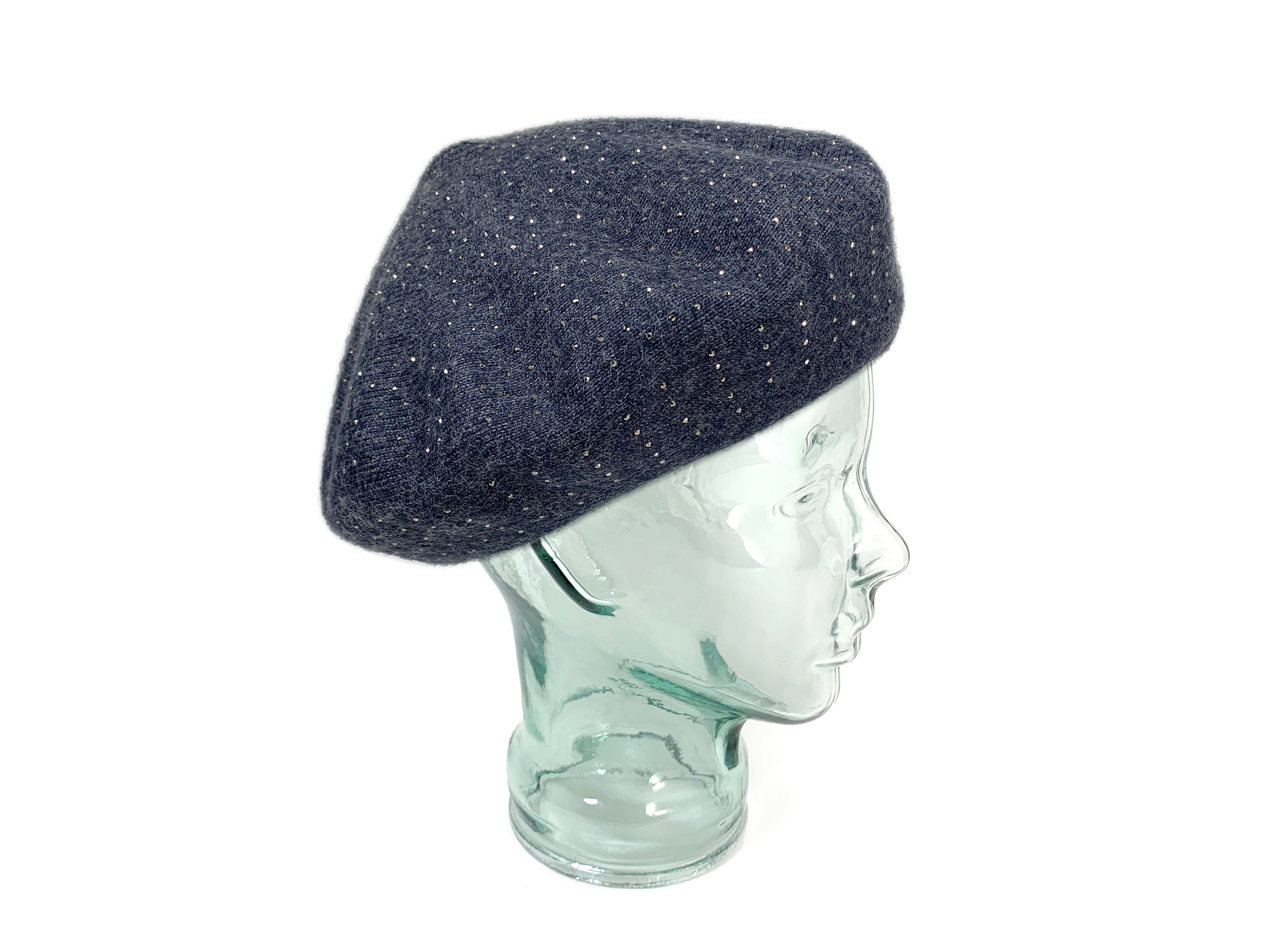 Charcoal Gray Knit Beret, Cashmere Blend Beret With Sparkle, Reversible Wool Hat, Retro Style Charcoal Beret, Winter Hat For Women