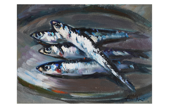 Four Anchovies On Silver Plate Original Oil Painting Paintings Food Seafood Small Still Life Sardine Anchovy Fish Fishy Impressionist Fishes