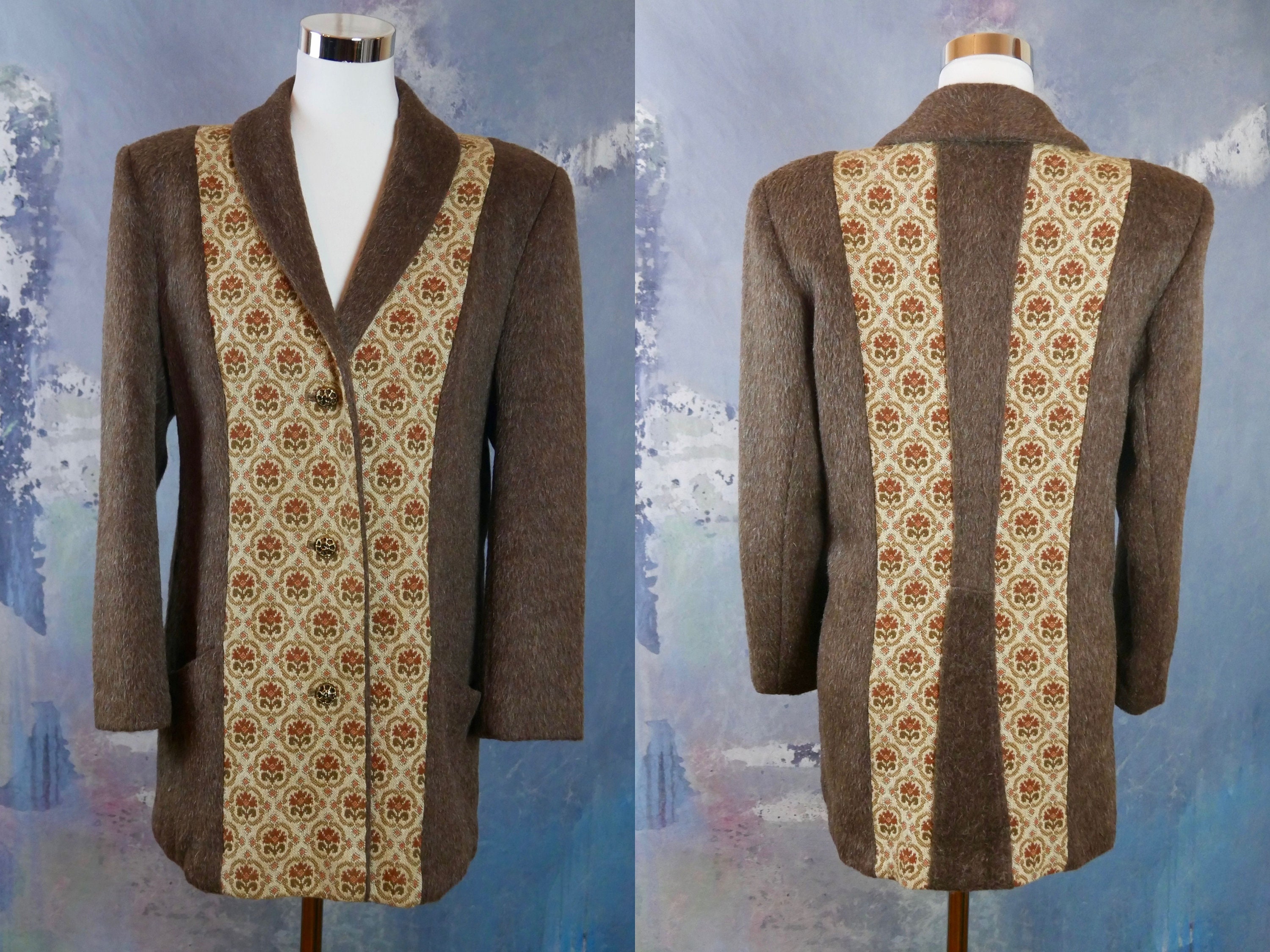 Brown Mohair Wool Coat W Golden Beige Floral Medallion Pattern Brocade Panels On Front & Back, 1990S European Vintage Size 10 Us, 14 Uk