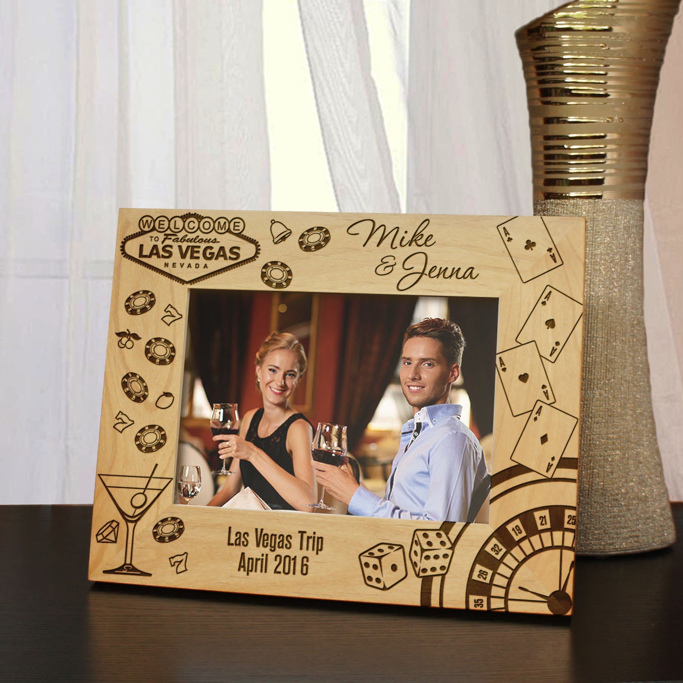 What Happens in Vegas Vacation Inspired Personalized Picture Frame Engraved With Text & Font Selection | Select Size & Orientation