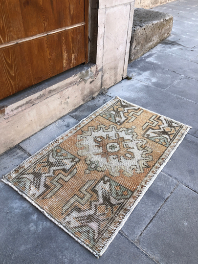 Peach, Orange Rug, Oriental Turkish Vintage Door Mat, Entry Wool On Wool, Easter Gift, Gift For Him, 2x3 Small Faded Rug