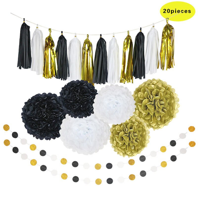 20Pcs Paper Poms Flowers Tassel Strings Birthday Party Wedding Decoration Set Tissue Flower Pom Baby Shower
