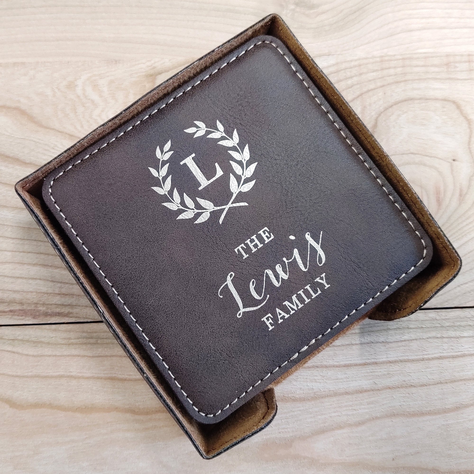 Personalized Coasters, 3rd Anniversary Gift, Leather Custom Engraved Family Name Gift