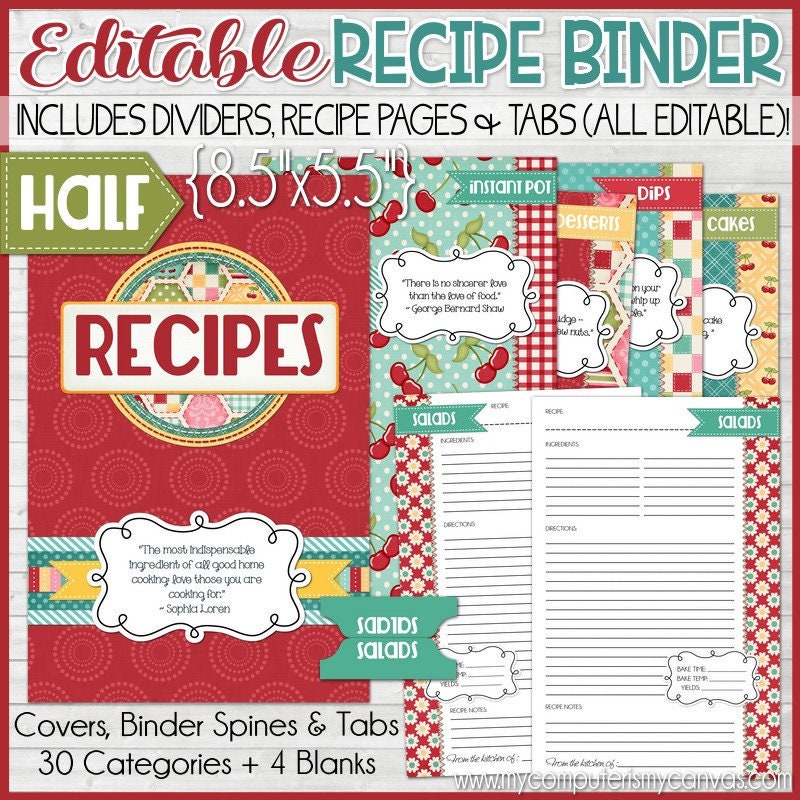 Editable Recipe Binder Kit Printables | Red, Book, Printables, Kit, Half Size, 5.5x8.5 - Not Instant Download