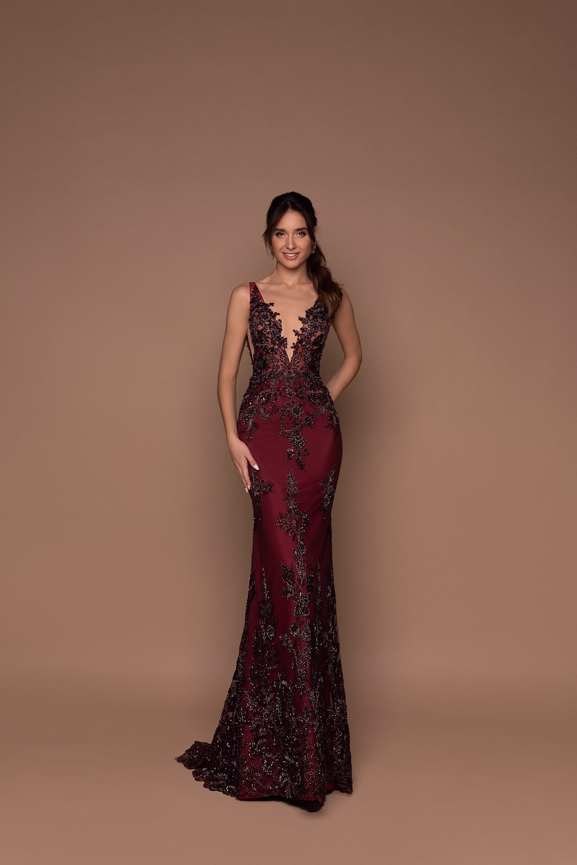 Mermaid Prom Dress, Open Back Long Dresses, Evening Elegant Red Foral Formal Party Gown, V-Neck Gown