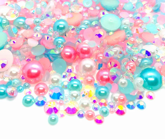 Ice Cream Blend Rhinestone Mix 2mm-10mm Flatback Jelly Resin | Faux Pearls Rhinestones Mixed Sizes, Blue White Pink