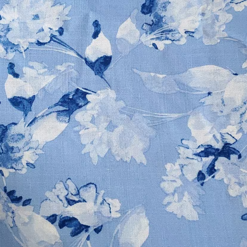 Woven Cotton Linen Blend, Very Pretty Blue & White Floral On Blue. Nice Breathable Fabric. No Stretch Woven, Sold By The 1/2 Yard