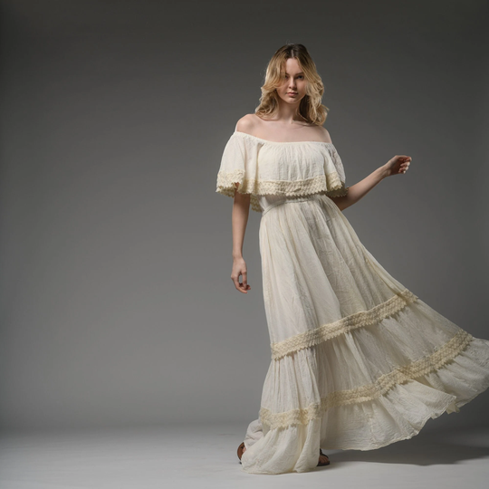 Beige Cotton Bohemian Dress | Romantic Maxi Elegant Wedding Hippie Festival Lace Detail |Pregnant