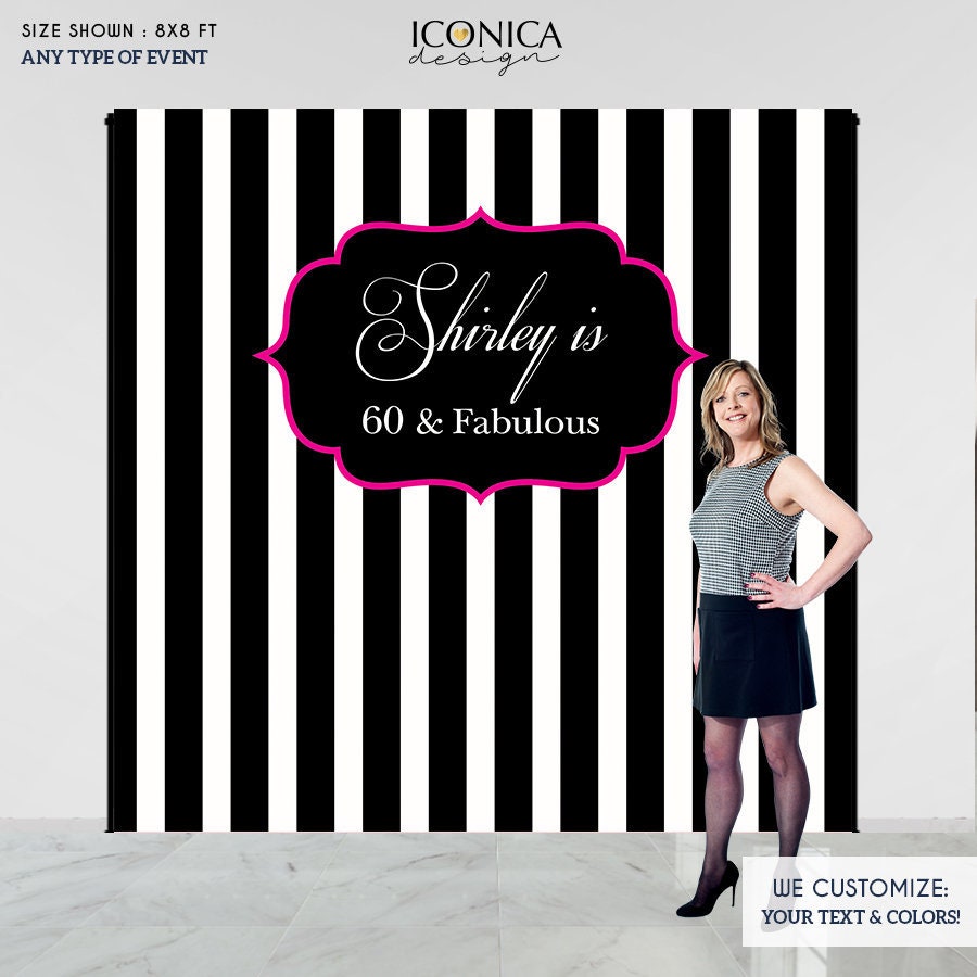 Birthday Backdrop, 60Th Custom Step & Repeat Backdrops, Personalized Black & White Stripes Printed Or Printable File Bbr0013