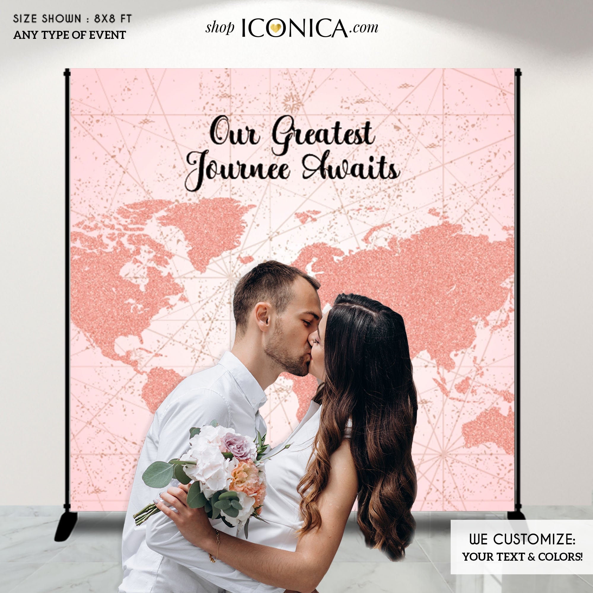 Travel Theme Backdrop, Engagement Party Backdrop, Travel Backdrop, Our Greatest Adventure Decorations, Rose Gold Map Backdrop, Any Color Bbs0064