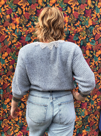 Silk Cotton Blend Vintage 80's/90's French Navy Pale Blue Sweater With Lace Collar // L-xl