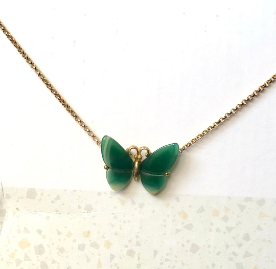 Butterfly Necklace Vintage Small Green Marbled Pendant 1970S Resin