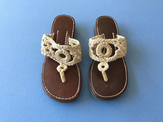 1970's Vintage Macrame Sandal's ~ Size 5 Hardly Worn Condition Great Quality 9 Inch By 3 1/2 By 1 Heel Made in The Usa