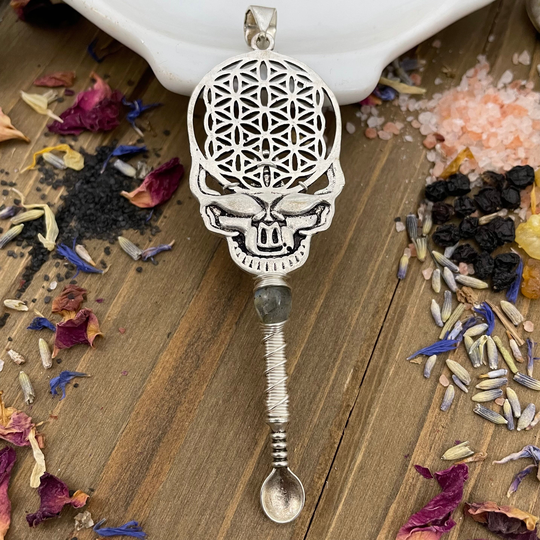 stone Flower Of Life Skull Wire Wrap Spoon Pendant Necklace Custom Gemstone Tea Herb Ritual Incense Honey Sugar Witch Salt Illness Awareness