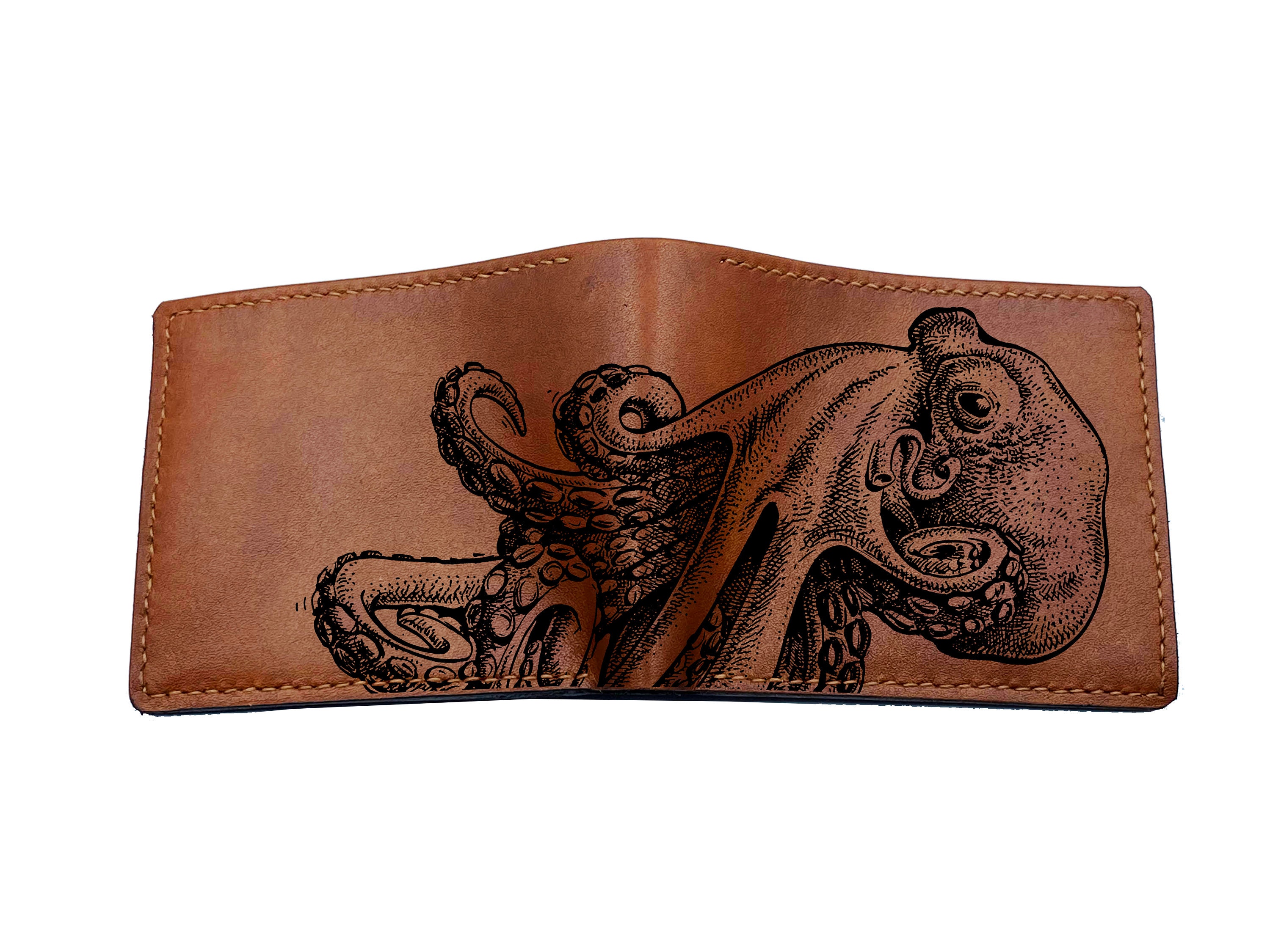 Personalized Leather Men's Wallet, Octopus Pattern Ocean Sea Summer Gift For Him, Christmas Idea Men, Lover Present