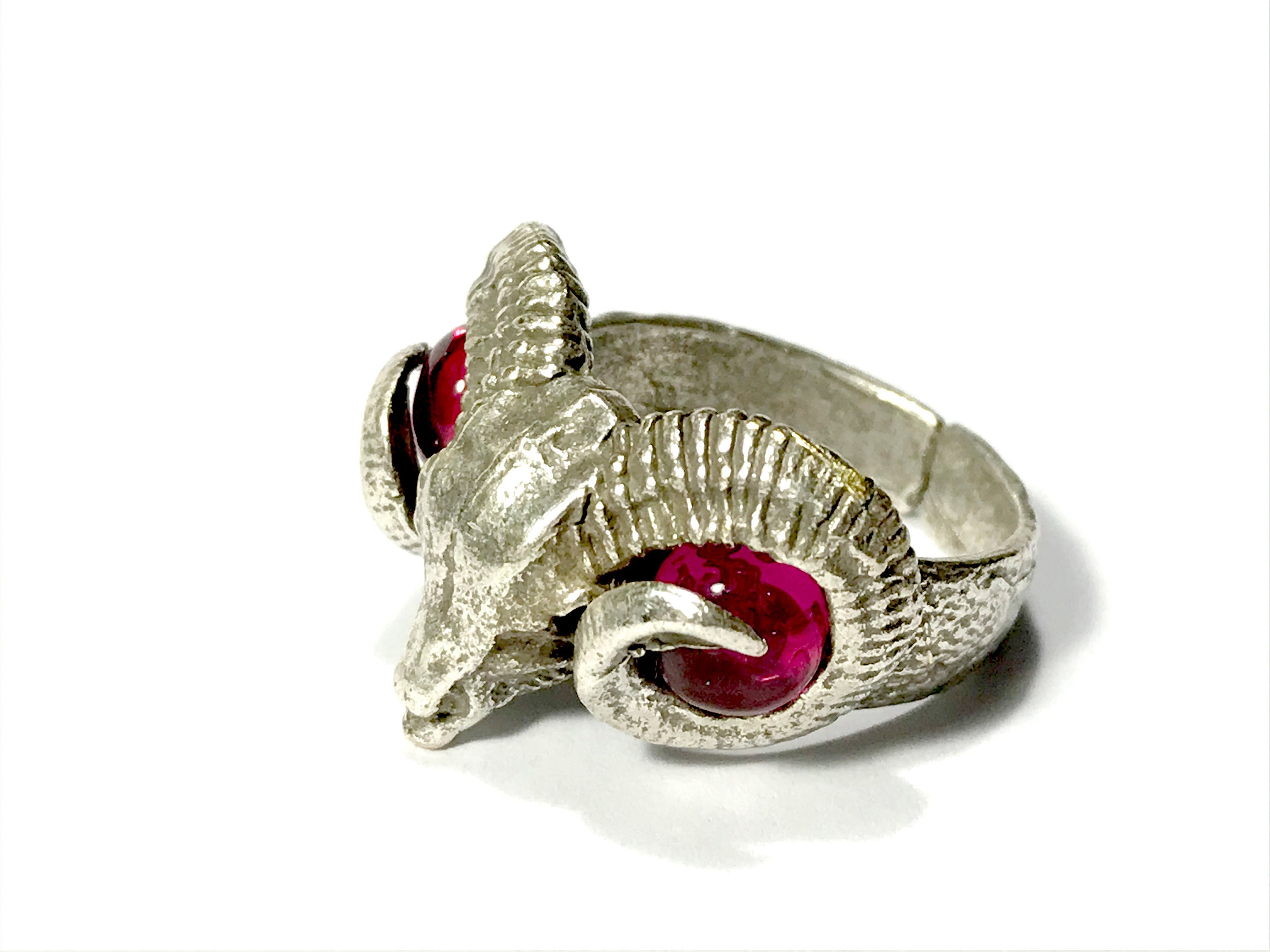 Ram Skull Adjustable Ring - Synthetic Ruby