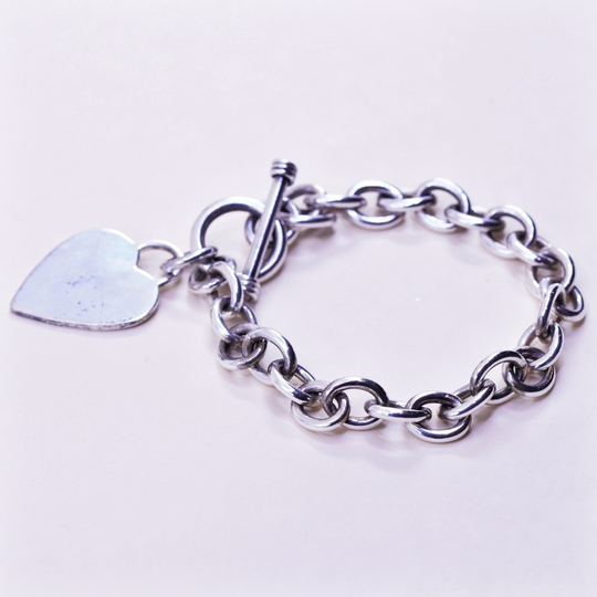 6.5", 9mm, Vintage Sterling 925 Silver Circle Bracelet With Heart Charm & Toggle Closure, Stamped India