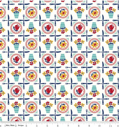 Retro Style Diner Vintage Kitchen Cook Book Luncheon Fabric in Seaglass