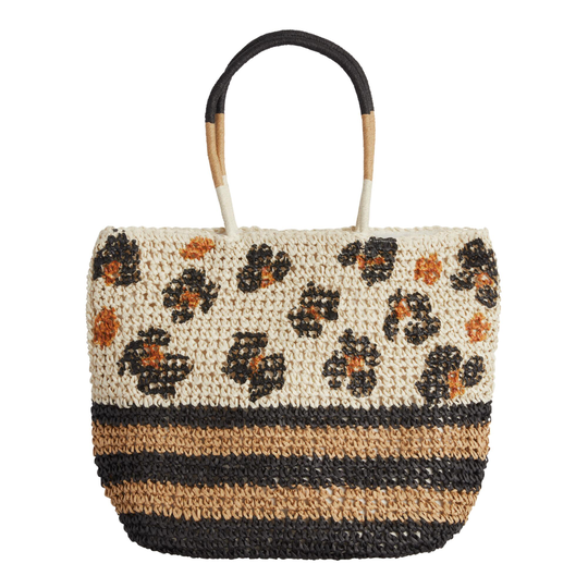 Orange, Black And Tan Cheetah And Stripe Straw Tote Bag by World Market