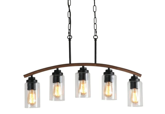 Rustic Chandelier Light, Industrial Wood Farmhouse Seeded Glass Shade, Lighting