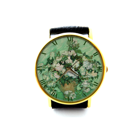 still Life, Vase With Pink Roses Vincent Van Gogh Leather Watch, Ladies Unisex Jewellery