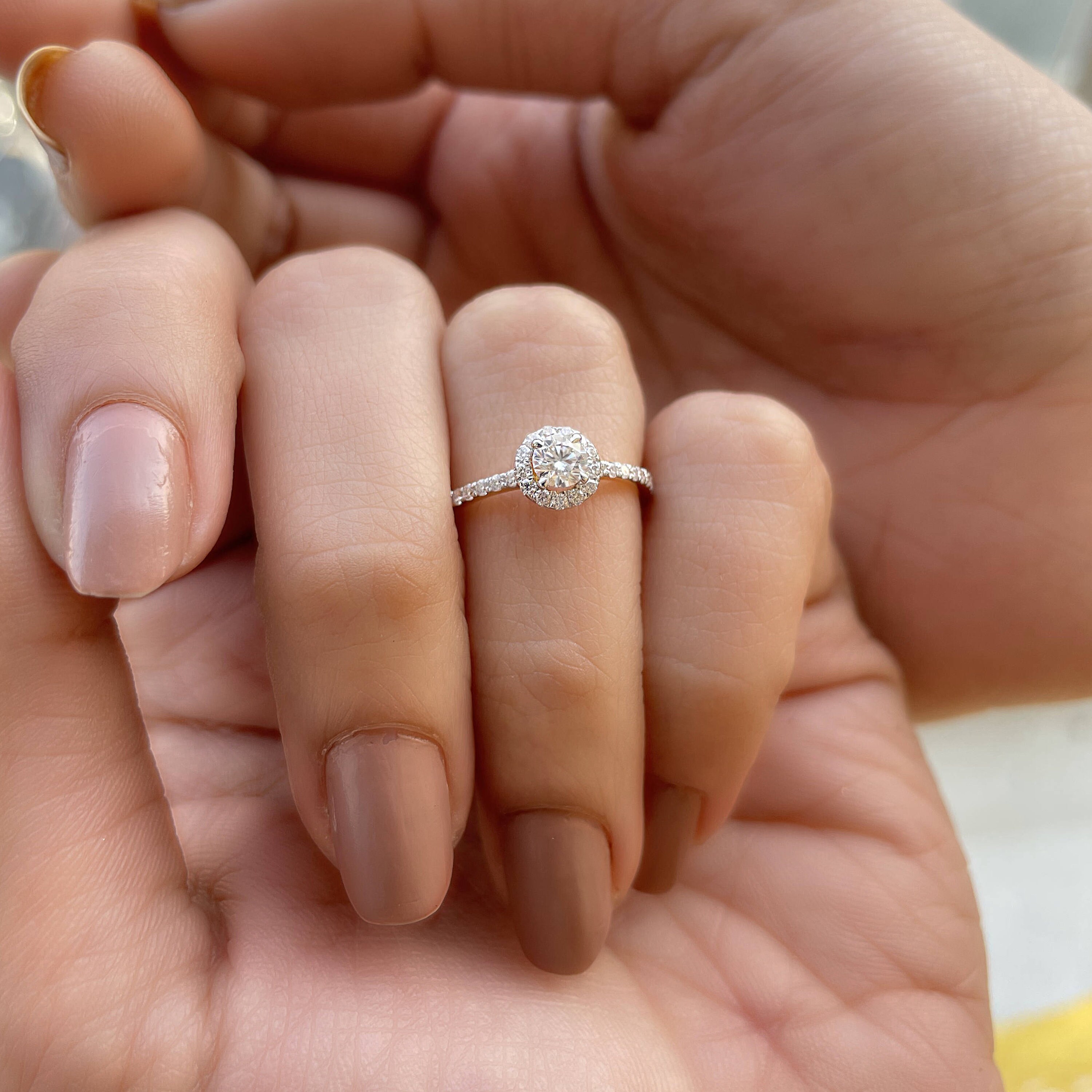 Dainty Solitaire Ring, 1/2 Ct Moissanite Halo Minimalist Ring For Women, Side Stone