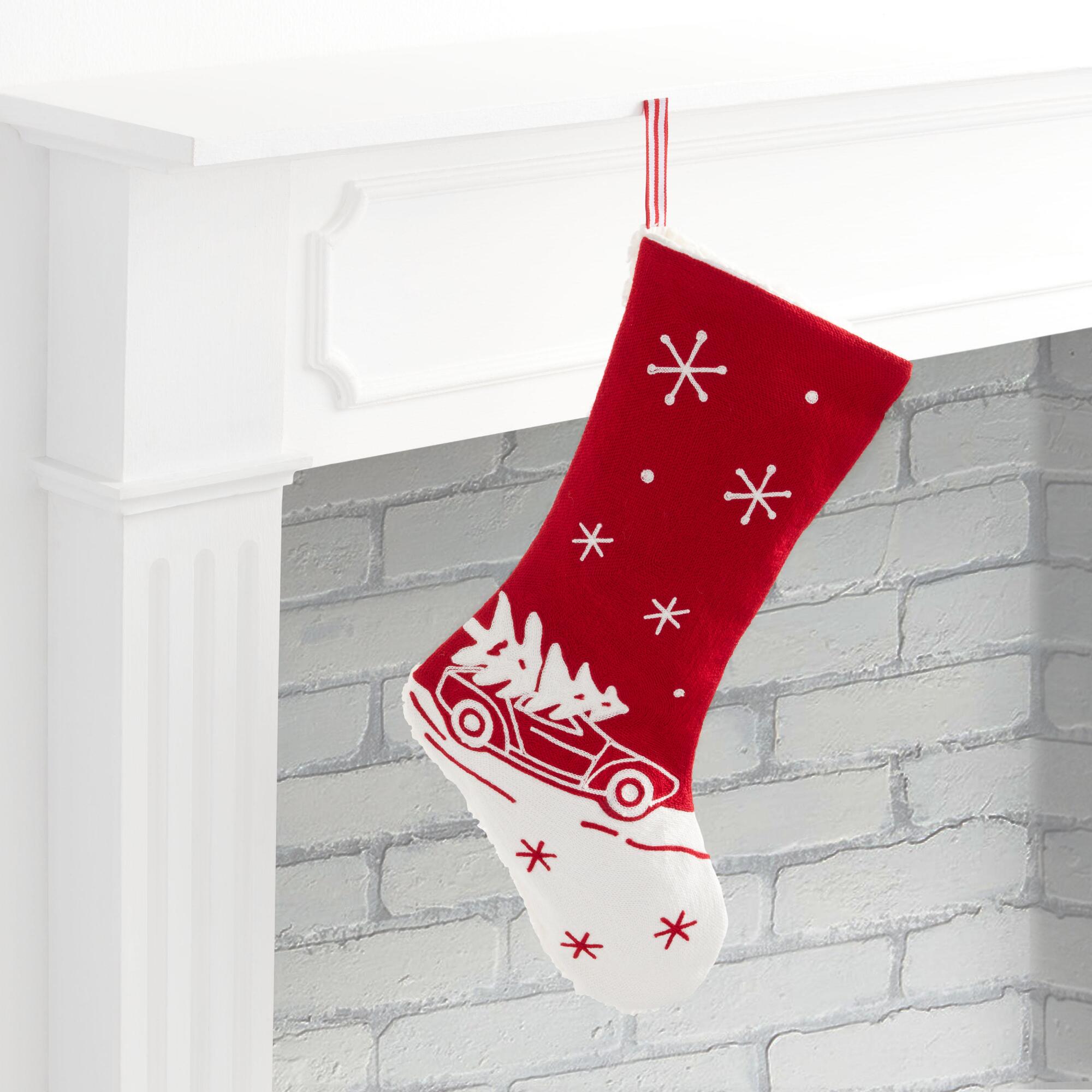 Red and Ivory Embroidered Car And Tree Christmas Stocking: Red/Cream - Acrylic by World Market