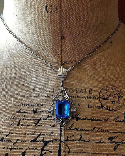 Delicate Antique Art Nouveau Jugendstil Sterling Silver Brilliant Faceted Topaz Blue Paste Stone Accented Exquisite Lavaliere Necklace