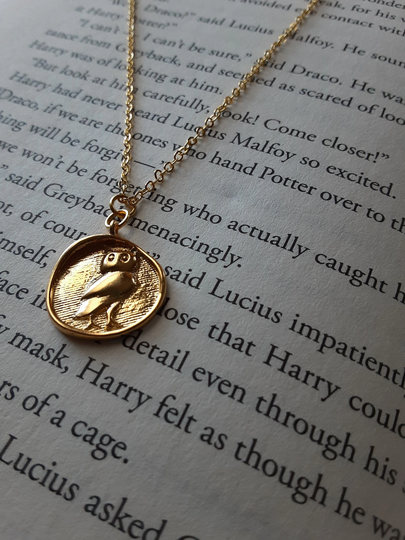 Gold Owl Coin Necklace Greek Replica Medallion Aoe Wax Seal Stamp Pendant
