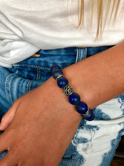 Blue Lapis Bracelet, Matte Deep Gemstones, Yoga Floral Accent, Healing Protection, Strength, Stretch Bracelet