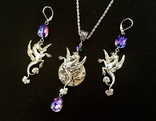 Set Or Separately Pegasus Steampunk Adornment With Real Watch Mechanism & Swarovski Crystal