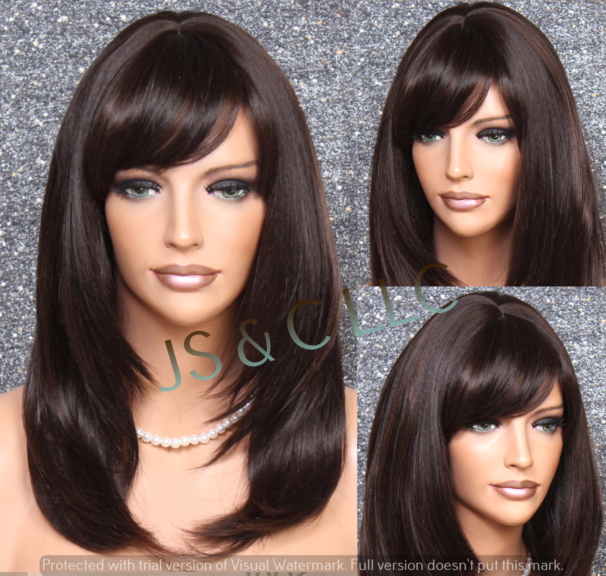 Human Hair Blend Wig Face Framing Razor Cut Brown Auburn Mix Heat Safe Full Bangs Center Part Straight Long Hair Cancer/Alopecia/Cosplay