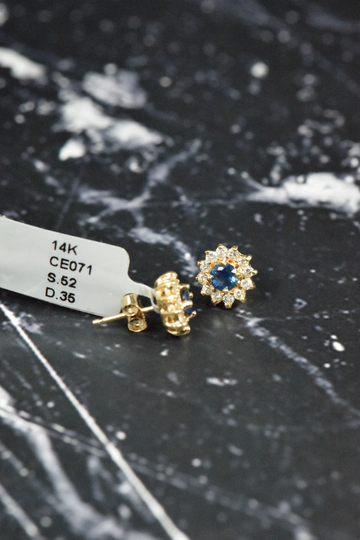 14K Yellow Gold Sapphire | Natural & Diamond Halo Styled Stud Push Back Earrings