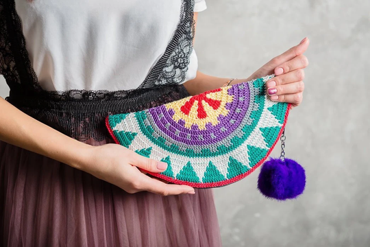 Colorful Hand Crocheted Moon Clutch, Mandala Bag, Scrap Yarn Purse With A Lining, Zipper Pouch