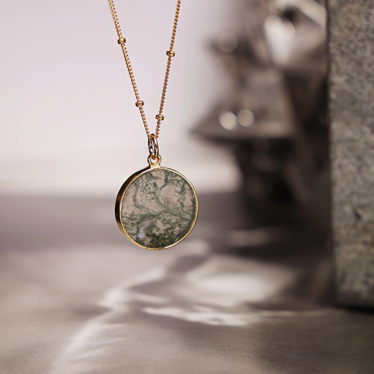 Genuine Moss Agate Round Circle Disc Necklace On 14K Gold Filled Satellite Chain/Long Layering Boho Look, Raw Natural Gemstone
