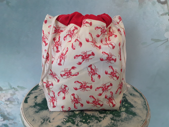 Red Yellow Lobster Knitting Project Bag, Seafood Drawstring Marine Sock Gift For Knitters, Flat Bottom Boxy Yarn Tote