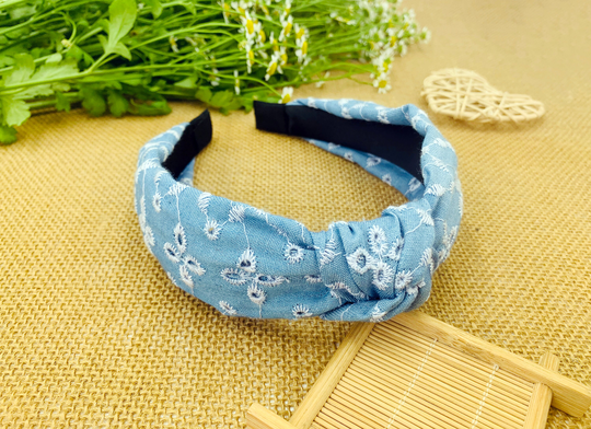 Eyelet Denim Wide Knot Headband, Denim Knotted Headband, Eyelet Headband, Stylish Fashion Hairband, Wide Headband, Blue Headband