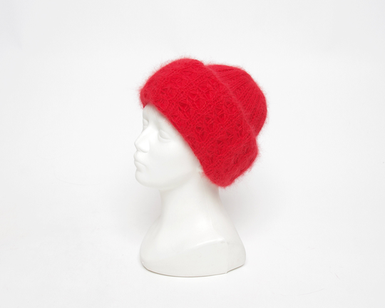 1980S Angora Blend Donut Beanie, Red Chunky Wool Beanie Hat, Women's Street Style Cap, One Size