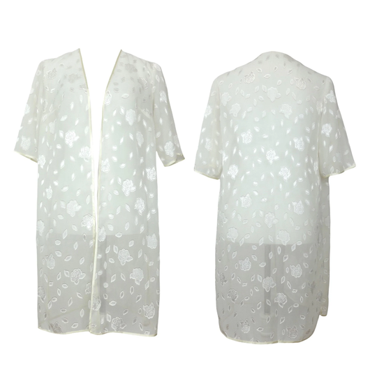 Vintage 80S Bohemian Chic Sheer White Floral Kimono Top Layer Dress | Size S-M